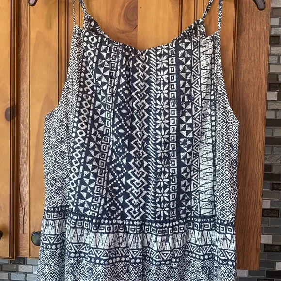 🐚 NEW LOFT Navy White Tribal Geometric Print Tiered Halter Summer Dress Sz M - Picture 4 of 7